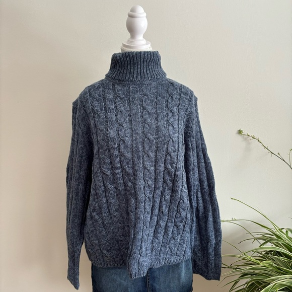 vintage blue chunky cableknit turtleneck sweater - Picture 1 of 8